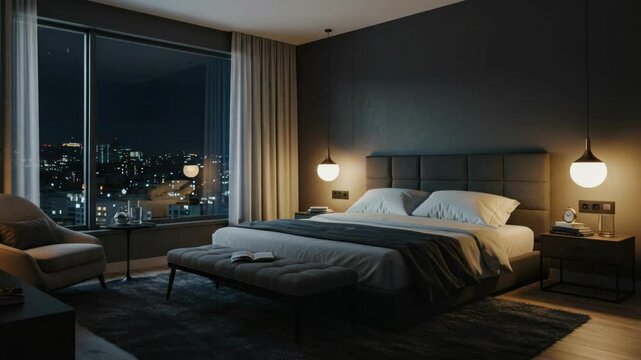Stylish bedroom with city views at night