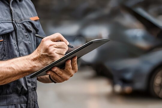 Car mechanic taking notes on a digital tablet while inspecting vehicles in a professional auto repair shop, ensuring accurate documentation and efficient service
