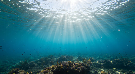 Fototapeta premium Sunlight Piercing Through Turquoise Underwater Coral Reef.