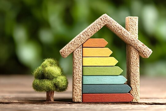 Colorful energy efficiency rating scale filling model house with small tree on wooden surface promoting eco friendly and sustainable construction