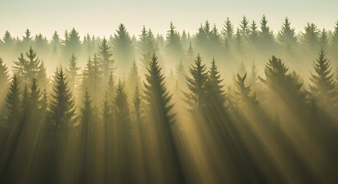 Foggy Pine Tree Forest with Golden Sunlight and Peaceful Atmosphere