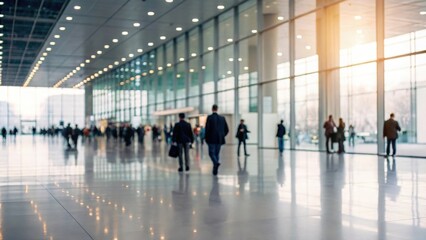 Defocused crowd walking through modern exhibition hall with soft bokeh lighting and copy space

