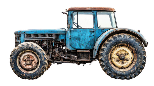 An old, blue tractor with large, muddy tires and a rusted cabin, parked on a white background with a white wall in the background.
