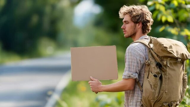 Young traveler hitchhiking on rural road holding blank cardboard sign