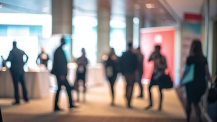 Abstract background with silhouettes of professionals moving through corporate event venue

