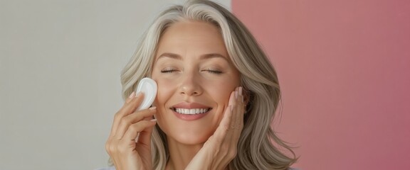Smiling mature woman with closed eyes applying facial cleanser with a cotton pad against a split background, Skincare Routine.