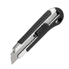 Modern industrial-grade box cutter with a robust black and silver ergonomic handle and partially extended stainless steel blade, clean and pristine, against a transparent seamless studio background