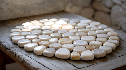 The mosaic features irregular white stones with smooth textures, creating an organic yet structured pattern. Subtle beige and off-white tones add natural variation, enhancing the clean, minimalist aes