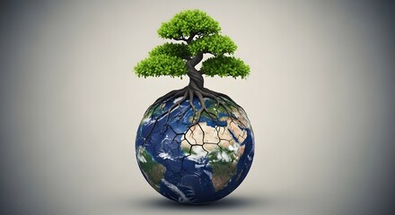 Earth Globe Topped with Green Tree and Visible Roots in Gray Background