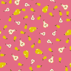 Yellow Pears and Pear Halves on Pink Background Tossed Around. Seamless Pattern Design