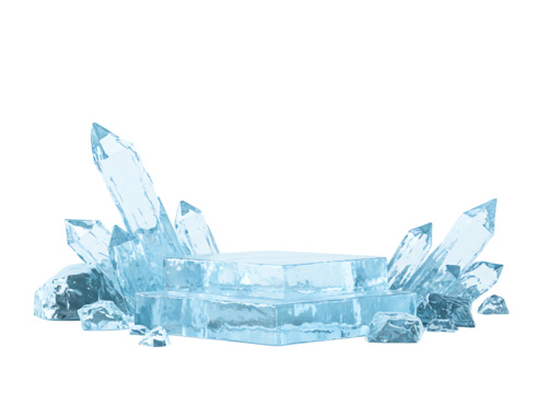 Crystalline ice podium surrounded by quartz crystals isolated on transparent background