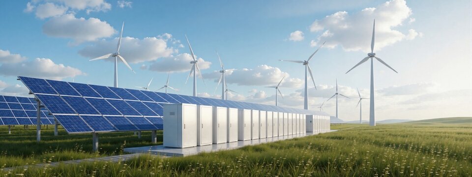 Solar panels and wind turbines generating clean power with battery storage units in a vast green field under a bright blue sky, representing renewable energy.