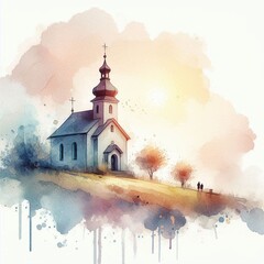 Hilltop Chapel in Early Morning Light. AI generated illustration