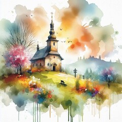Remote Chapel Between Forest and Sky. AI generated illustration