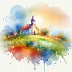 Chapel on Green Hill in Clear Blue Day. AI generated illustration