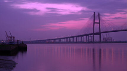 Obraz premium Suspension bridge in twilight, reflections on water, long exposure. Urban serenity meets timeless structure.