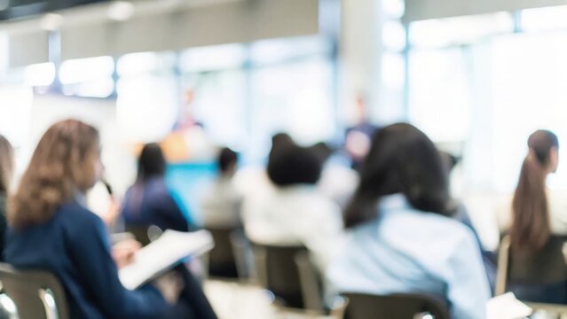 Soft focus scene of medical interns listening to innovation talk in packed conference setting
