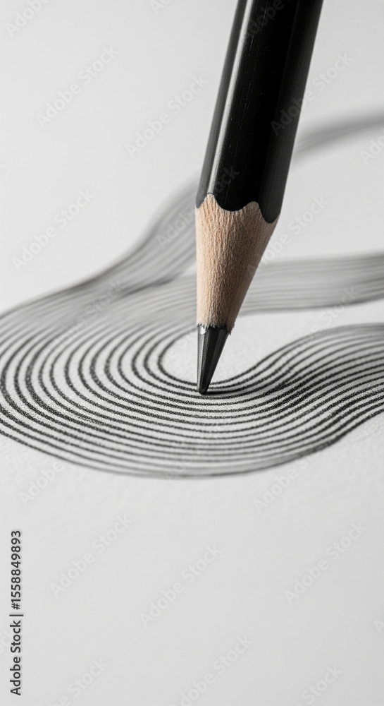 Poster close-up of black pencil drawing concentric circles on white paper, showcasing artistic process and 