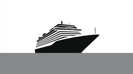 Silhouette of a cruise ship on the water/A simple, elegant silhouette of a cruise ship, set against a backdrop of a light gray sky and a deep sea.