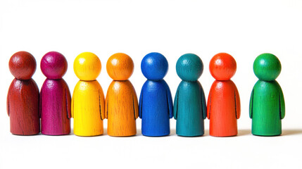 A group of colorful wooden figures in a row, each with a unique color and shape, against a white background.