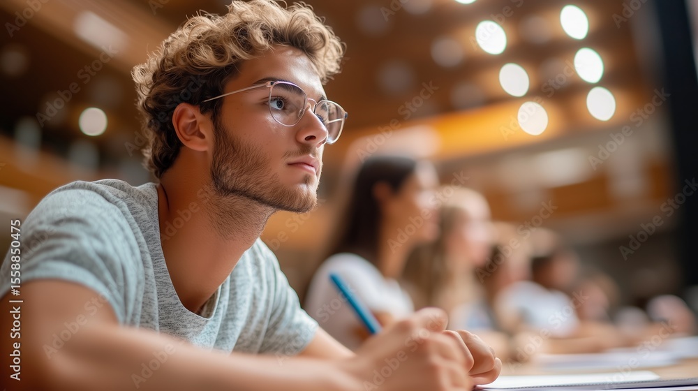 Poster student engages attentively during a learning session in a modern classroom setting with warm lighti