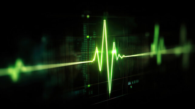 Futuristic neon green heartbeat line moving across dark digital screen, seamless electrocardiogram graph animation style, glowing pulse peaks with data overlays, modern medical tech background