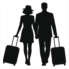 Couple Walking Hand-in-Hand with Luggage, Ready for a Trip/A silhouette of a loving couple, walking together with luggage, against a plain white background.