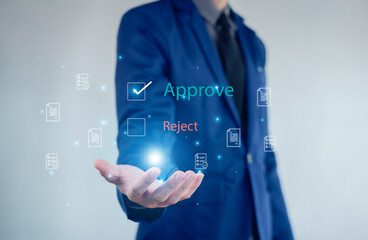 Approved, accept, pass inspection, Businessman writing or tick correct mark to approve document and project concept.