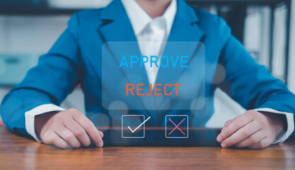 Approved, accept, pass inspection, Businessman writing or tick correct mark to approve document and project concept.