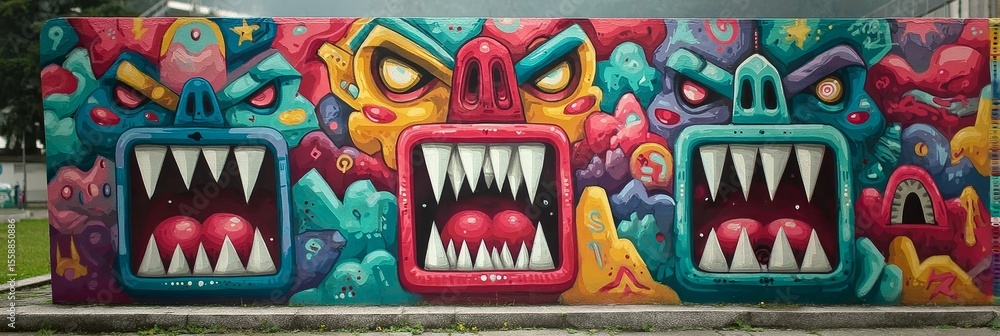 Poster vibrant and colorful mural featuring scary monster faces with sharp teeth and abstract patterns