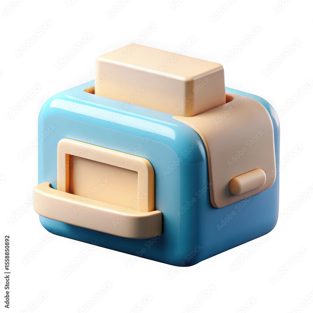 Poster stylized 3d rendering of a retro blue and cream toaster with toast popping up isolated on transparen