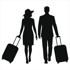 Silhouette of a couple traveling with luggage/A simple, elegant silhouette of a couple holding hands and walking, each carrying a suitcase.