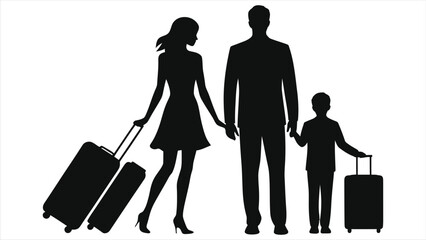 Family on Vacation Silhouette/A silhouette of a family – parents and child – holding hands and pushing luggage, suggesting a vacation or travel theme.