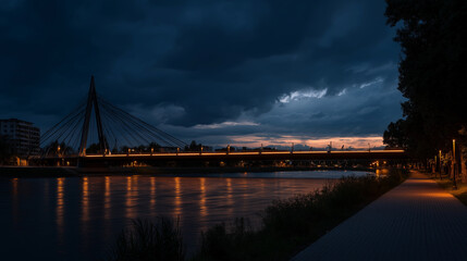 Obraz premium Suspension bridge in twilight, reflections on water, long exposure. Urban serenity meets timeless structure.