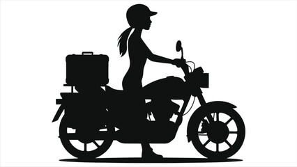 Silhouette of a Woman Riding a Motorcycle with Luggage Rack/A stylish silhouette of a woman riding a motorcycle.