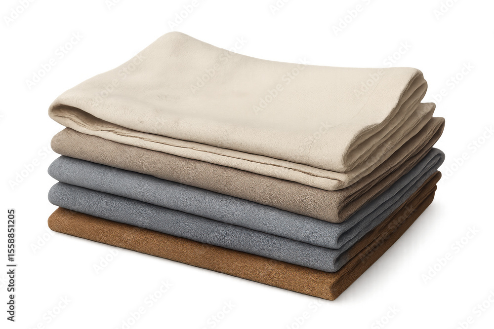 Poster soft folded blankets in neutral tones, stacked neatly and creating inviting texture against transpar