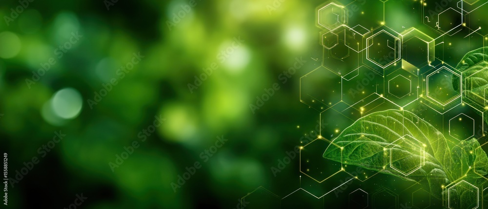 Poster abstract green leaves with hexagonal pattern