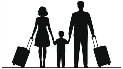Silhouette of a family on vacation with luggage./A simple, impactful silhouette of a family (mother, father, and child) holding hands, each with a wheeled suitcase.
