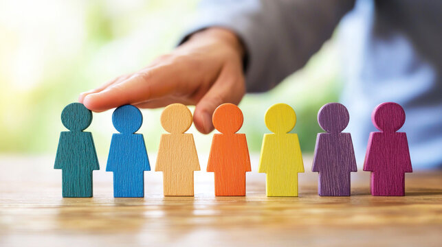 A hand is placing a wooden figure of a person in front of a row of colorful wooden figures.