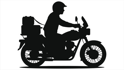 Silhouette of a motorcyclist with luggage./A simple, clean silhouette of a motorcyclist riding a motorbike with side luggage.