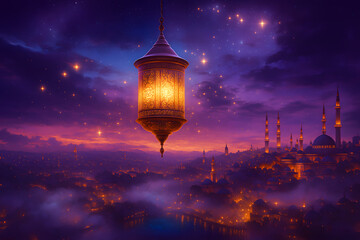Obraz premium Magical Ramadan Night with Glowing Lantern Over Cityscape for Spiritual and Festive Islamic Atmosphere