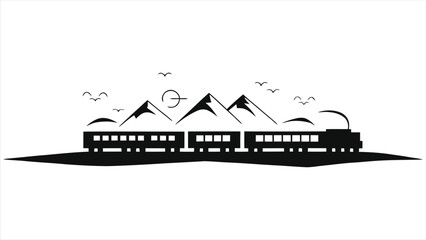 Silhouette of a train traveling through mountains/Simple silhouette of a train traversing a mountainous landscape, with birds in flight.