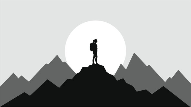 Woman hiker standing atop a mountain under a full moon./A silhouette of a woman with a backpack standing on the summit of a mountain range, bathed in the light of a full moon.