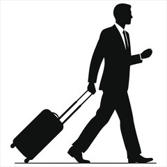 Businessman in Suit Pushing Suitcase Silhouette/A simple, elegant silhouette of a businessman in a suit, walking and pushing a suitcase.