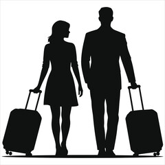 Couple Traveling with Luggage Silhouettes/A silhouette image of a couple walking with luggage.