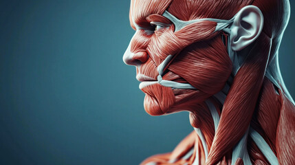 A detailed anatomical illustration of a human face with muscles and skin highlighted in red and white, set against a dark blue background.