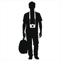 Silhouette of a Traveler with Camera and Bag/A simple, bold silhouette of a person carrying a camera and a bag.