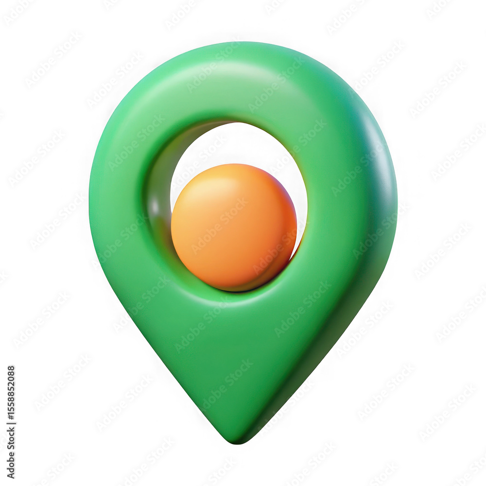 Poster stylized 3d green location pin marker with an orange sphere inside isolated on transparent backgroun