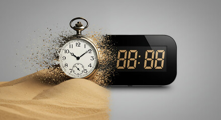 Times Passage Pocket Watch and Digital Clock Merging with Sand Effect.