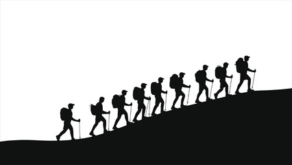 Silhouette of Hikers Climbing a Mountain/A powerful silhouette image of a group of hikers ascending a mountain.